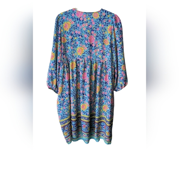 Emery Rose Colorful Floral Boho Lantern Sleeve Relaxed Tiered Smock Dress, M - Picture 2 of 10
